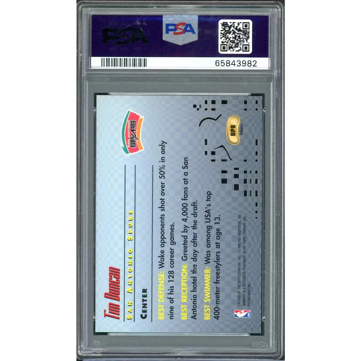 Tim Duncan 1997 Bowman's Best Best Picks Rookie Refractor #BP8 | PSA 8 | P6578060