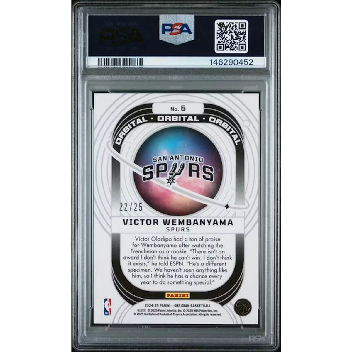 Victor Wembanyama 2024-25 Panini Obsidian #6 Card | PSA 9 Orbital Green | P6578166