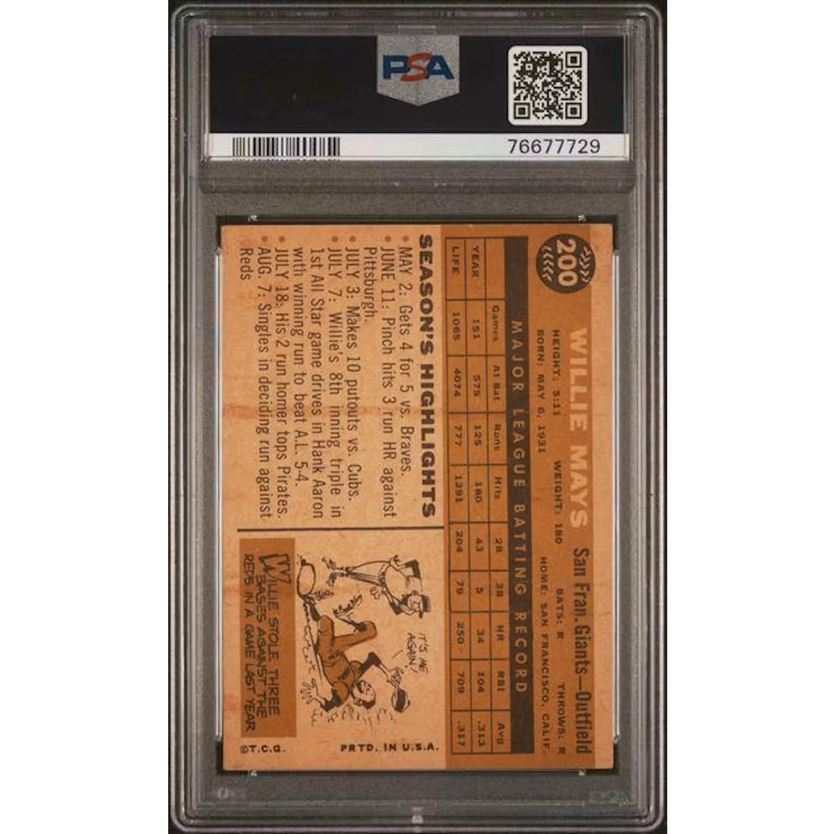 1960 Topps Willie Mays #200 Baseball Card | PSA 4 | P6578317