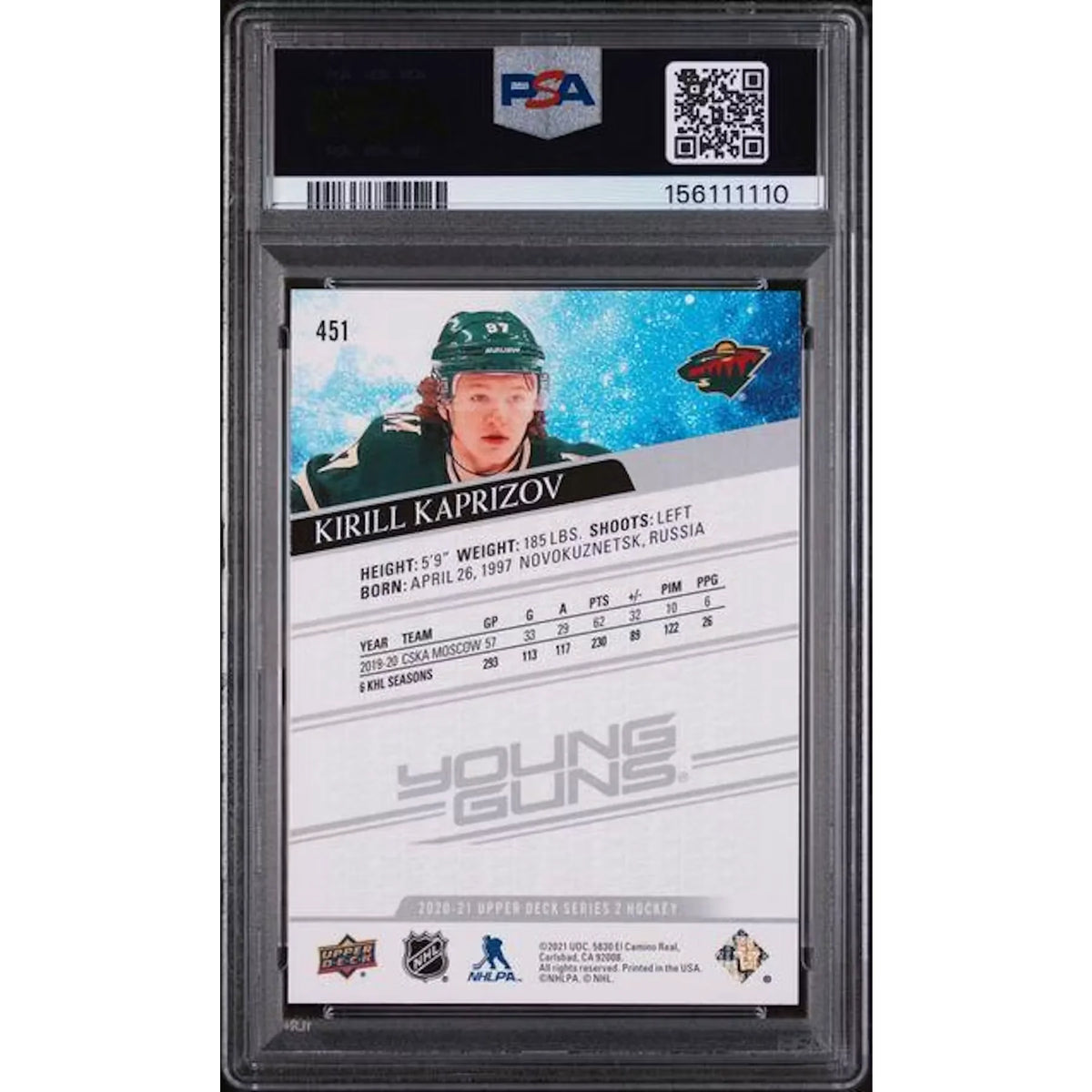 Kirill Kaprizov 2020-21 Upper Deck Young Guns #451 | PSA 10 | P6578348