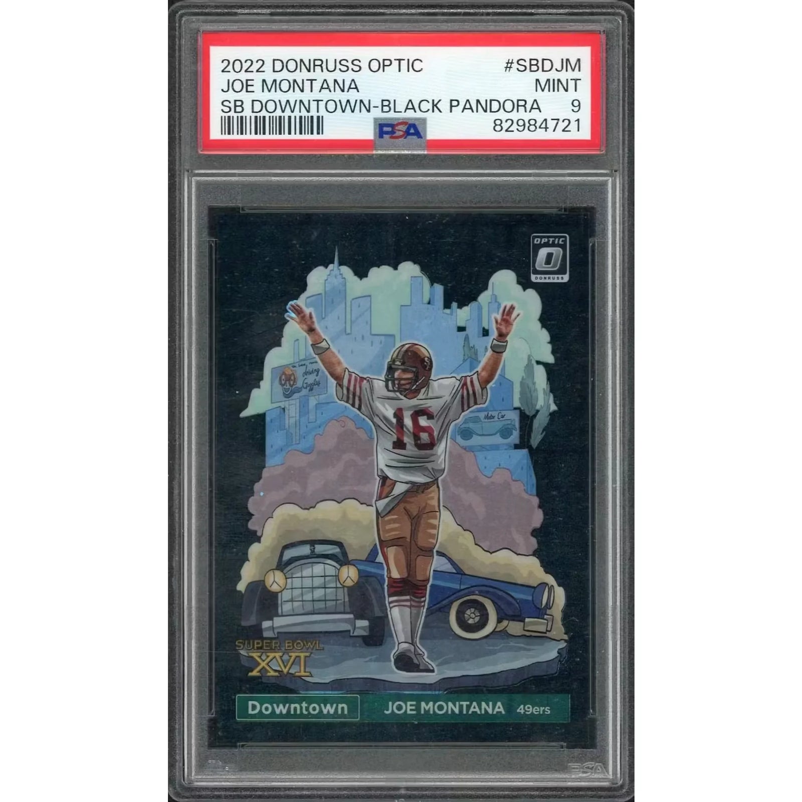 Joe Montana Signed 2022 Panini Donruss Optic Card | Downtown Black Pandora/25 PSA 9