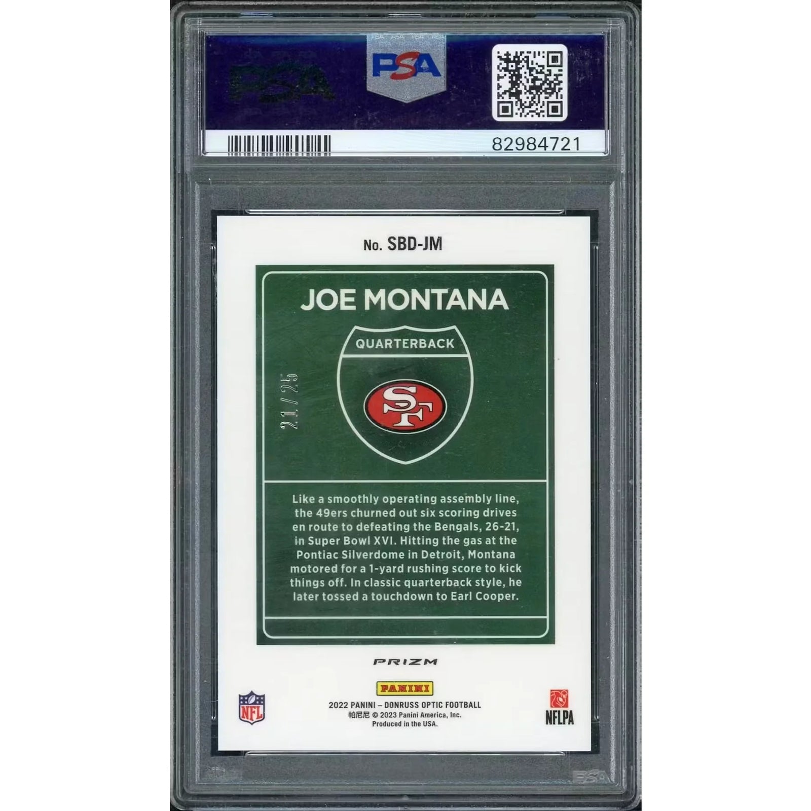 Joe Montana Signed 2022 Panini Donruss Optic Card | Downtown Black Pandora/25 PSA 9