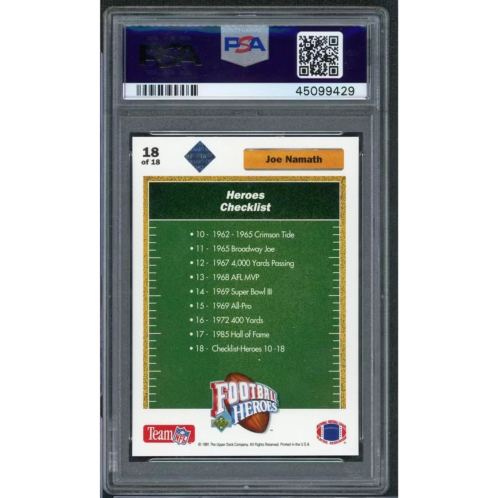 Joe Namath Signed 1991 Upper Deck Heroes Card | PSA 10