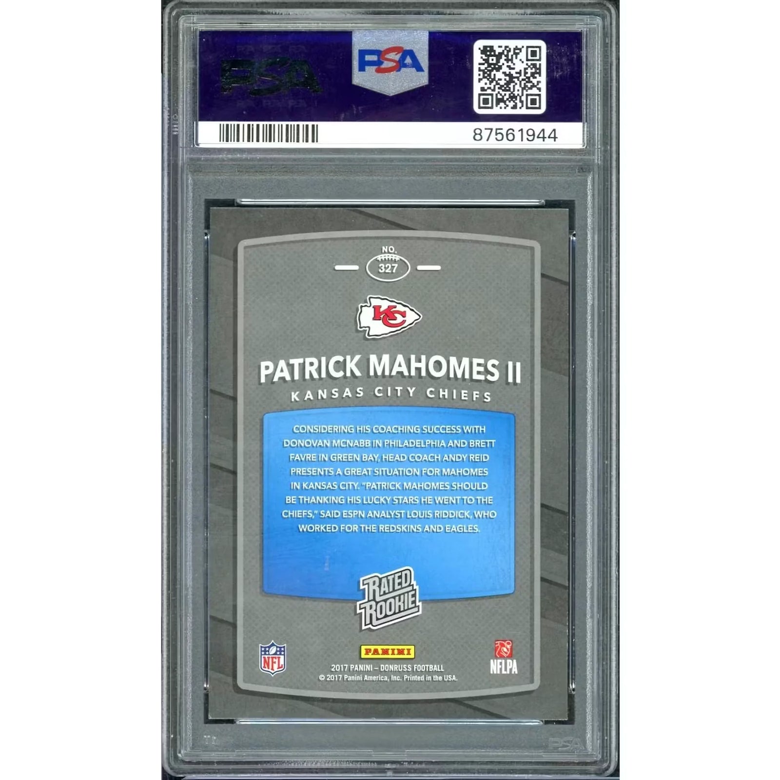 Patrick Mahomes 2017 Panini Donruss Rated Rookie Red Press #327 | PSA 8.5
