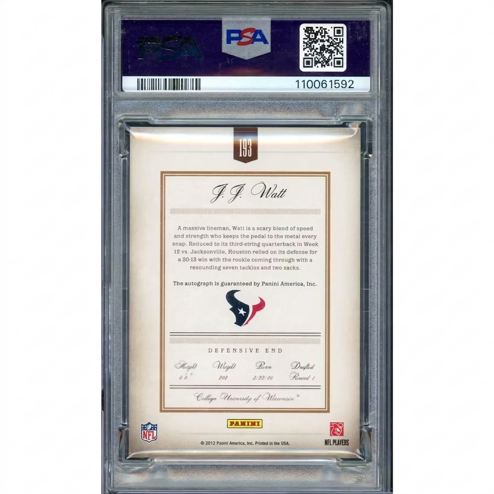 J.J. Watt Signed 2011 Panini Prime Signatures #193 Card | PSA 9