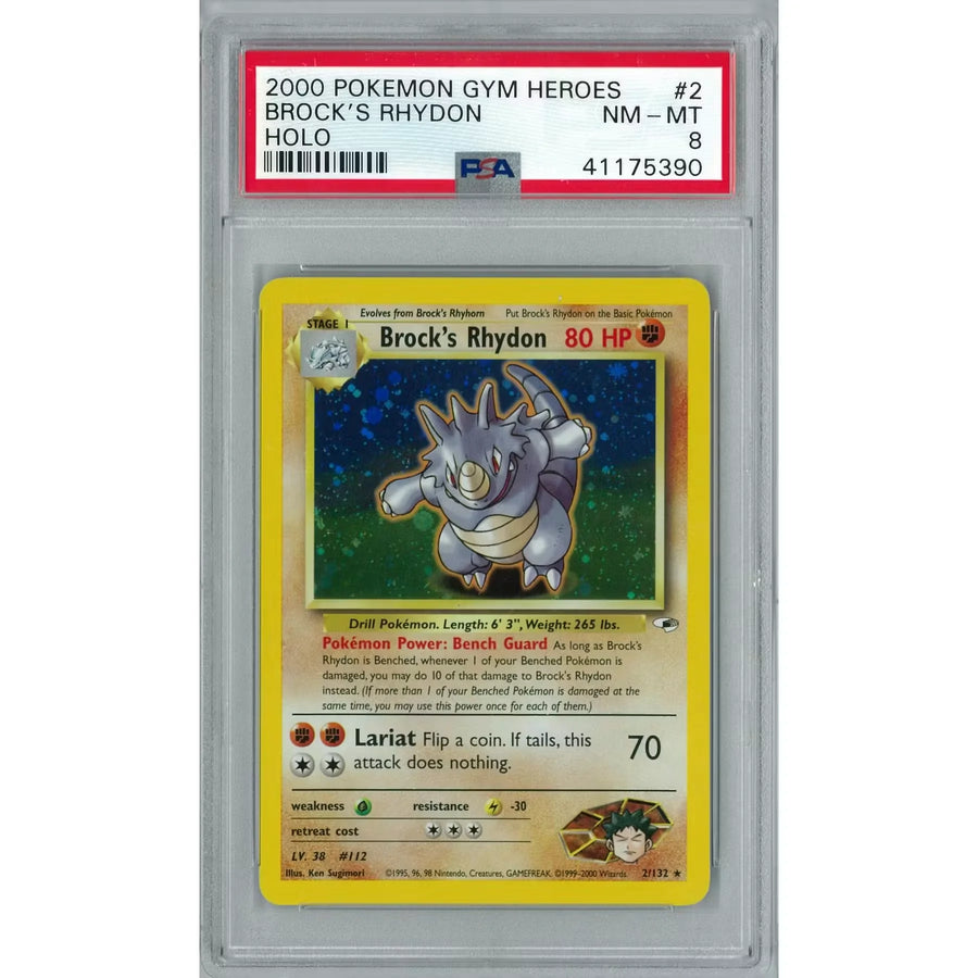 Brock's Rhydon 2/132 Pokemon Card | PSA 8 Gym Heroes