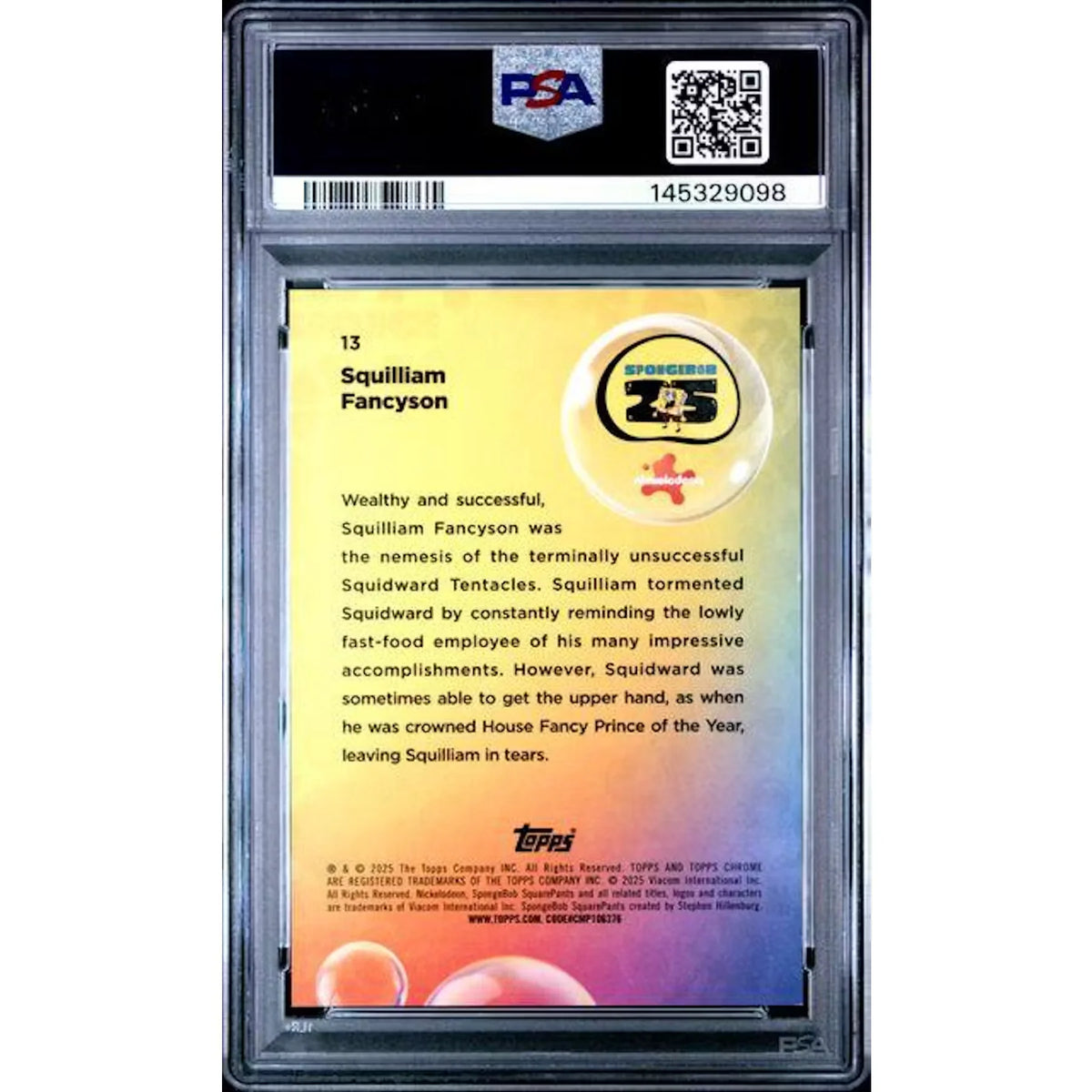 Squilliam Fancyson Signed SpongeBob #13 Card | 2025 Topps Chrome Sapphire PSA 9 | P6700463