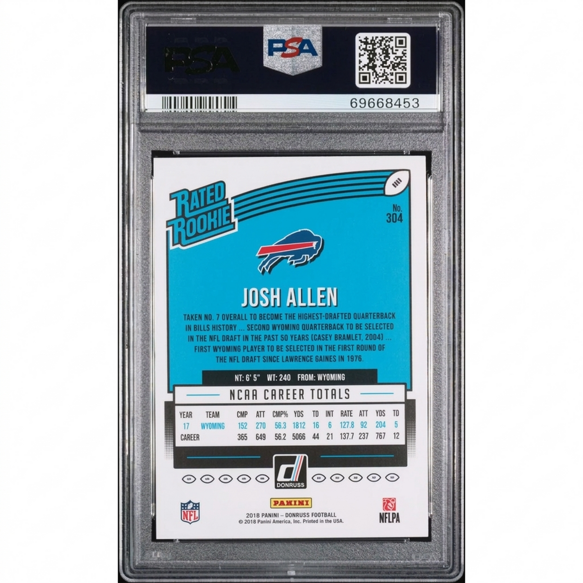 Josh Allen 2018 Panini Donruss Rated Rookie Green Press Proof #304 | PSA 9 | P6701403