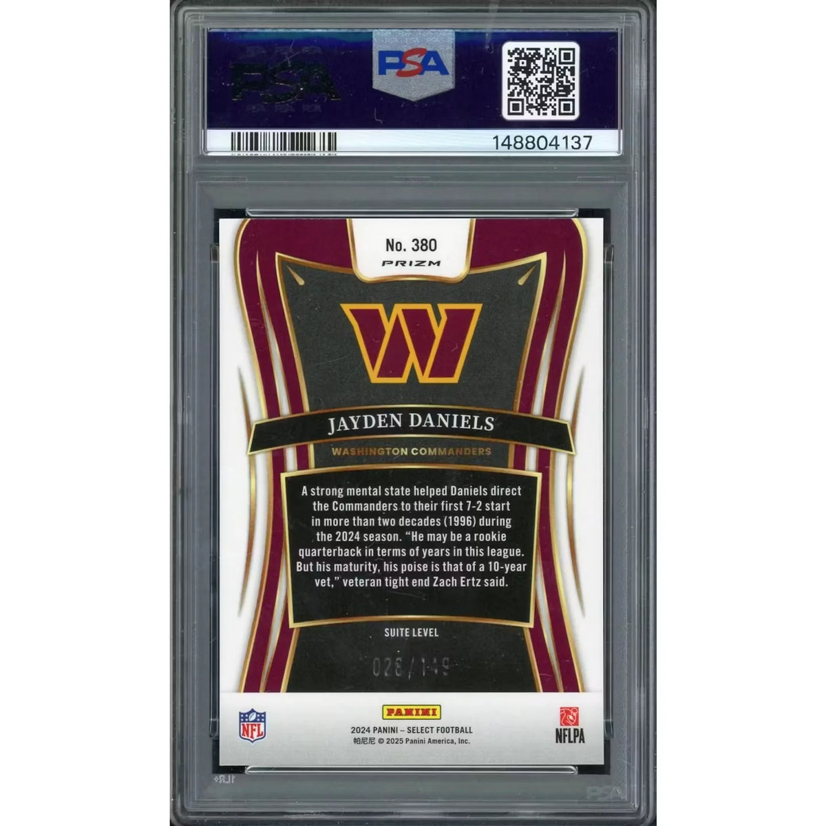 Jayden Daniels 2024 Panini Select Rookie #380 Card | Tri-Color Prizm PSA 10 | P6701635