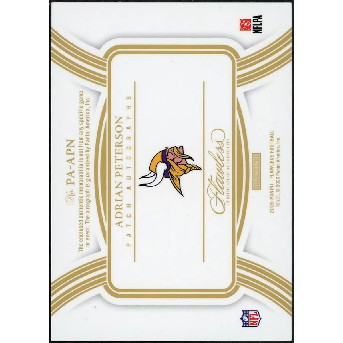 Adrian Peterson Signed 2025 Panini Flawless Card | Sapphire Patch Auto/10 | P6701676