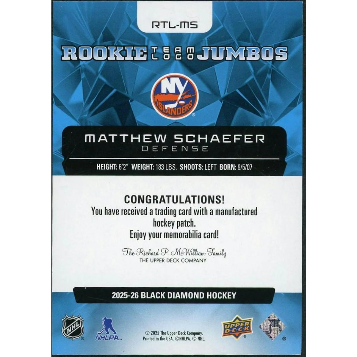 Matthew Schaefer 2025-26 UD Black Diamond Rookie Team Logo Jumbos Card | P6701730