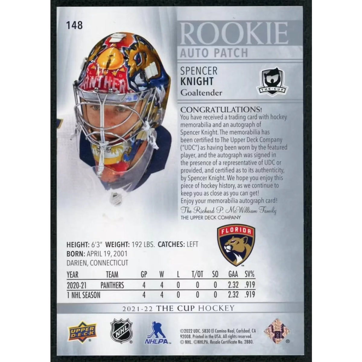 Spencer Knight 2021-22 Upper Deck The Cup Rookie Auto Patch Card |/99 | P6701779
