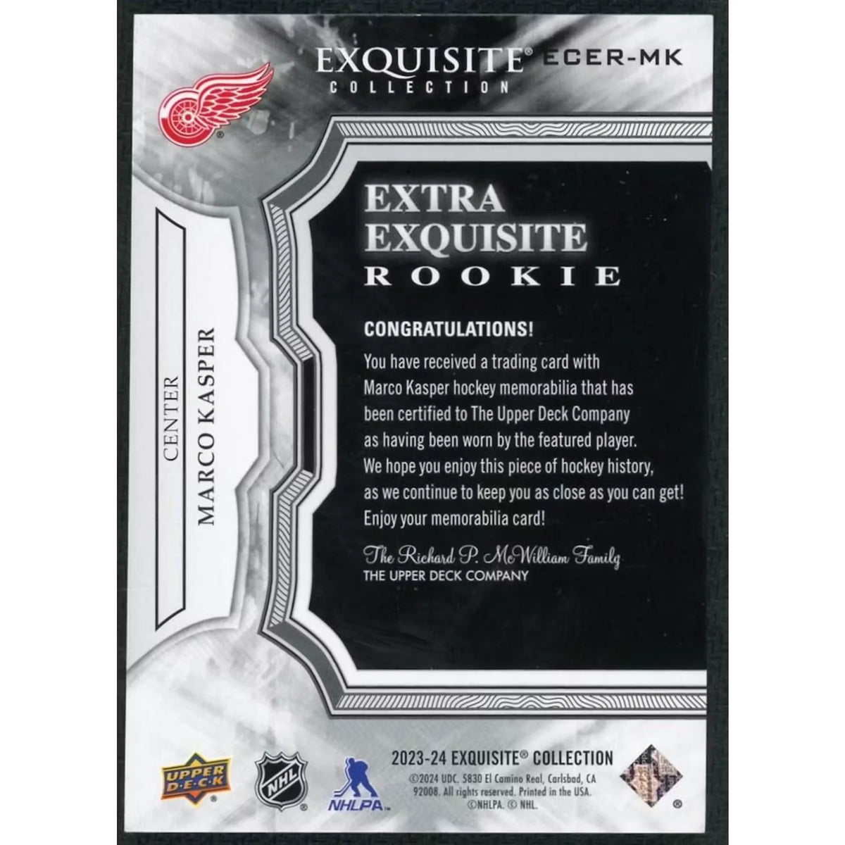 Marco Kasper 2023 Upper Deck Extra Exquisite Rookie Patch Card |/10 | P6701895