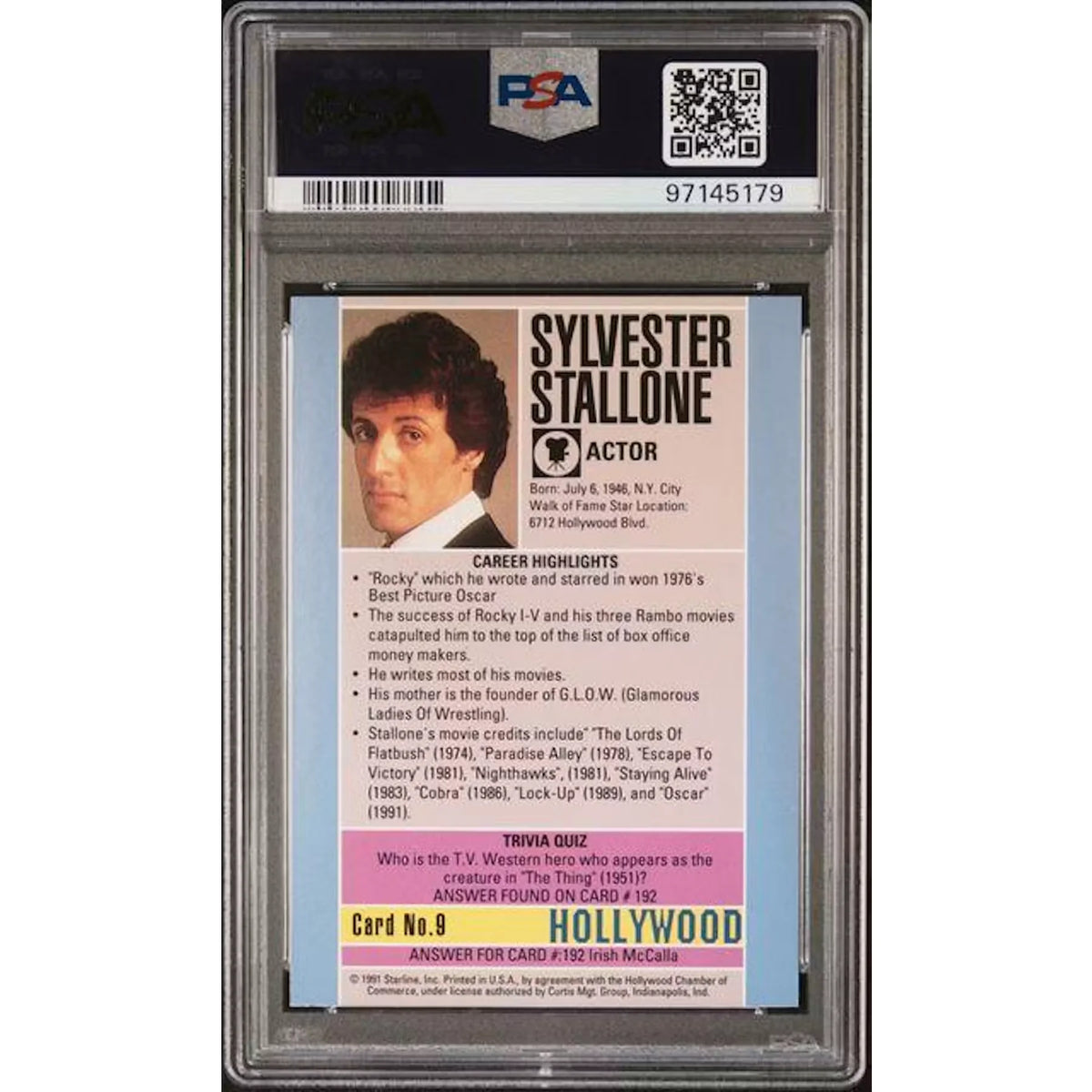 1991 Starline #9 Sylvester Stallone Hollywood Walk of Fame Card | PSA 9 | P6702064