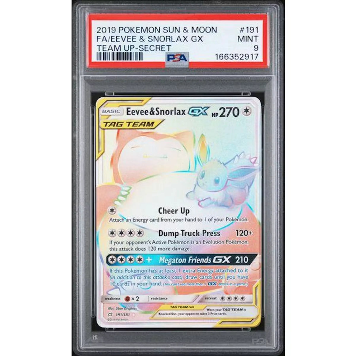 2019 Pokemon Team Up Eevee & Snorlax GX Tag Team Secret Full Art #191 | PSA 9 | P6825748
