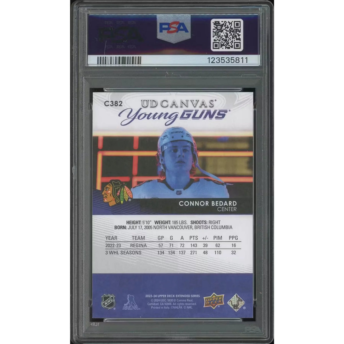 Connor Bedard 2023-24 Upper Deck Canvas Young Guns Rookie | PSA 10 Gem Mint | P7537237