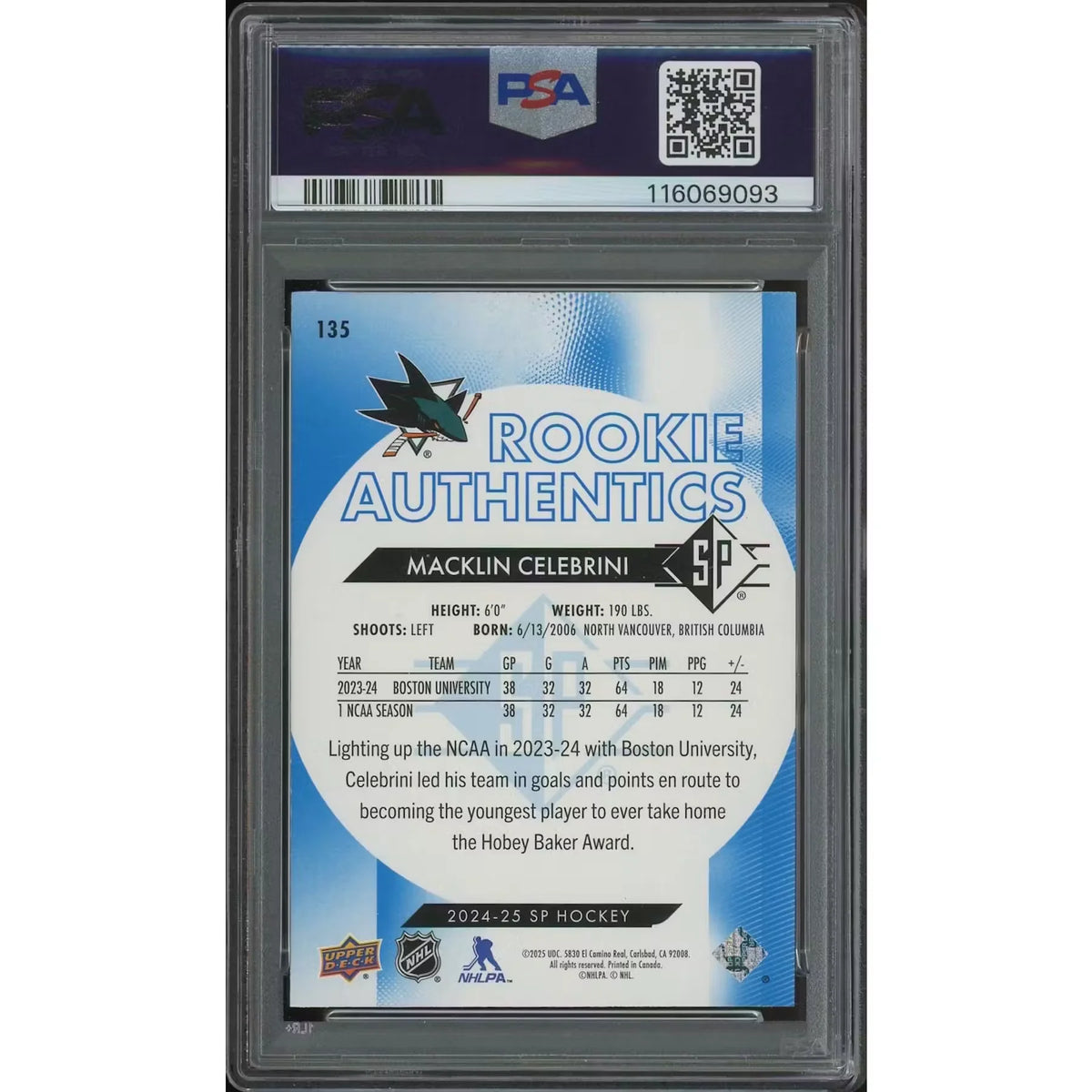 Macklin Celebrini 2024-25 Upper Deck SP Hockey #135 Blue Rookie | PSA 10 Gem | P7537359