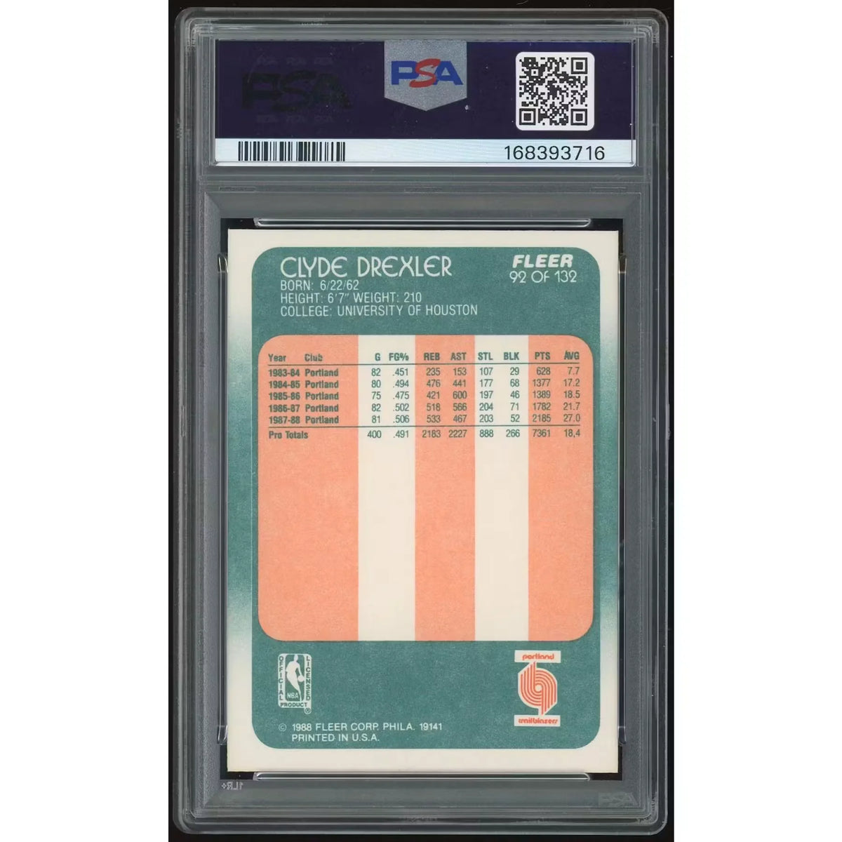 Clyde Drexler 1988-89 Fleer #92 Card | PSA 9 | P7731975