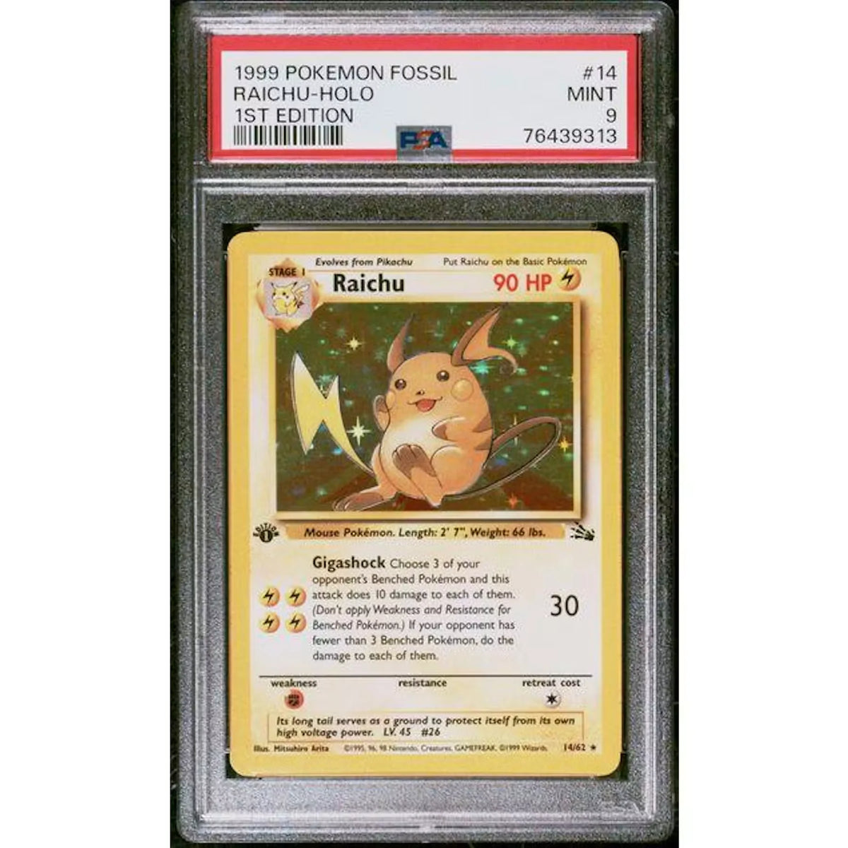 1999 Pokemon Fossil 1st Edition Raichu Holo #14 | PSA 9 | P8256265