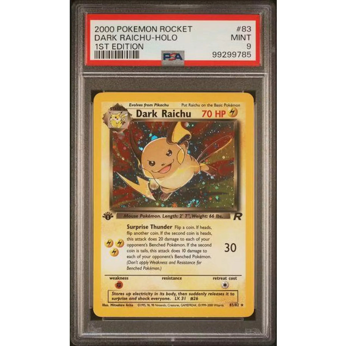 Dark Raichu 1st Edition Holo #83 | 2000 Pokemon Rocket PSA 9 | P8256517
