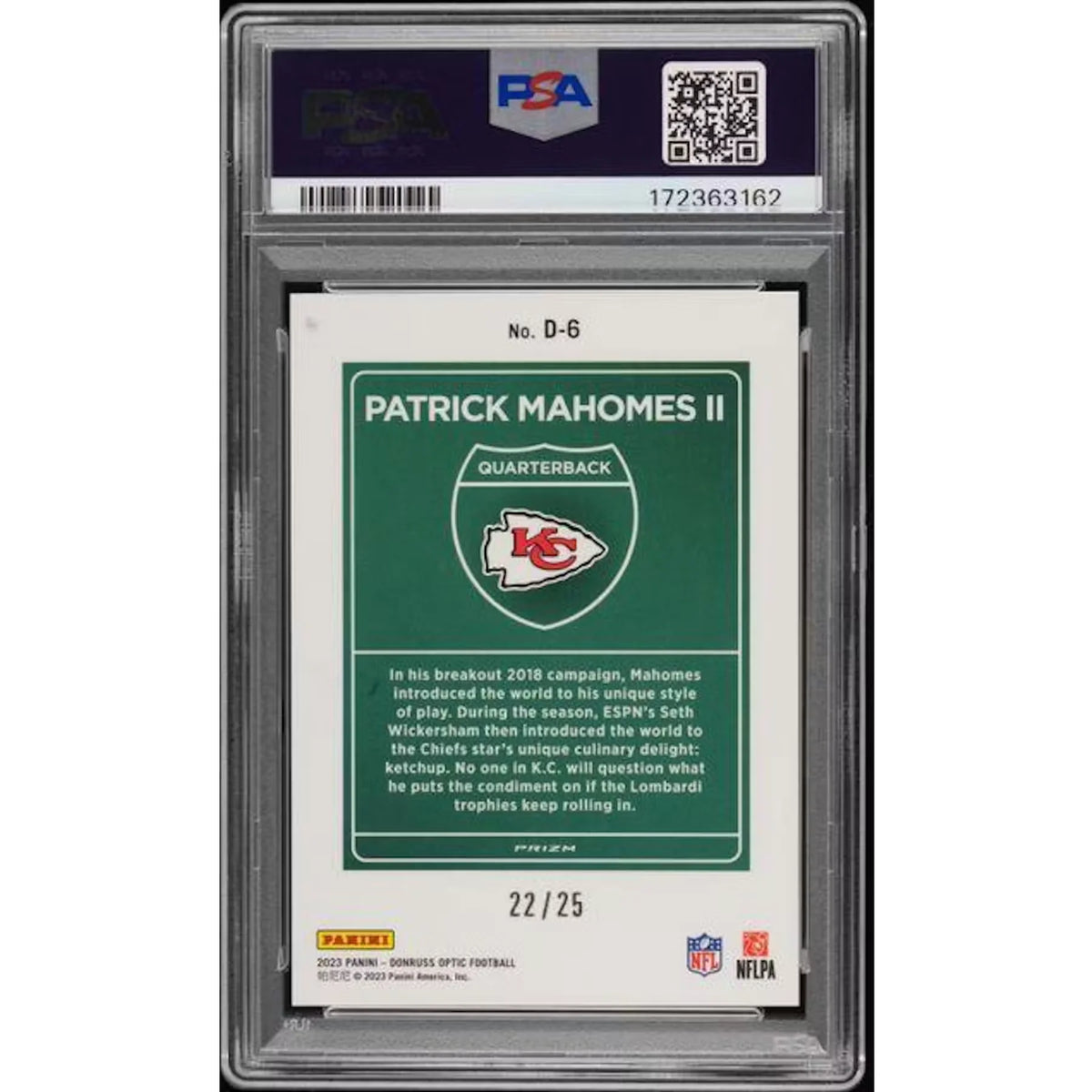 Patrick Mahomes Signed 2023 Panini Donruss Optic #D6 Card | Downtown Black | P8330210