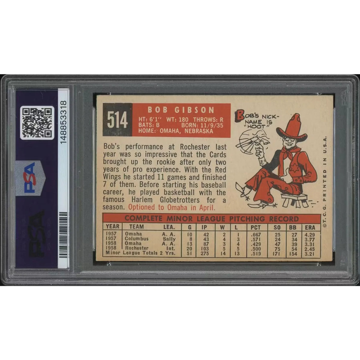 1959 Topps Baseball #514 Bob Gibson Rookie PSA 4 (VG-EX) - D3 | P8420098