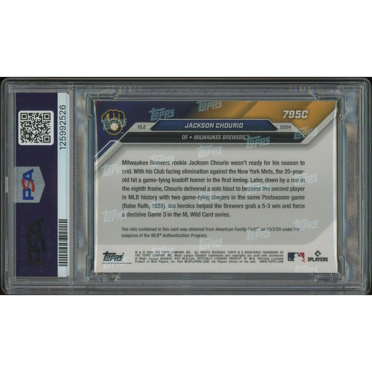 Jackson Chourio 2024 Topps Now Rookie Relic | PSA 9 Mint | P8420274