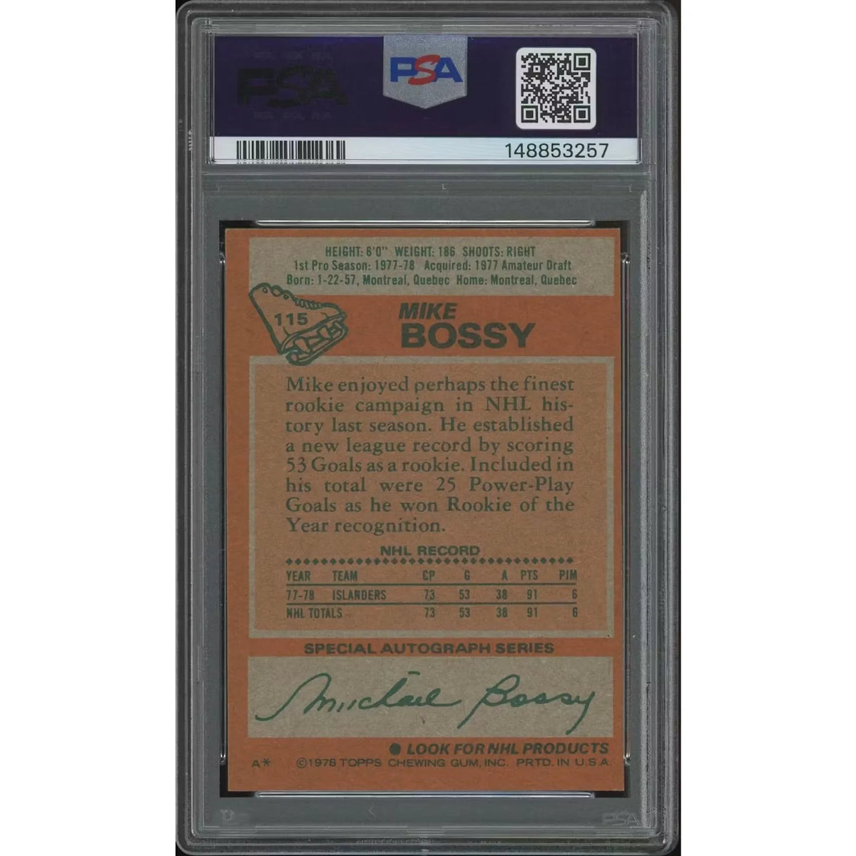 1978-79 Topps Hockey #115 Mike Bossy Rookie PSA 6 (EX-MT) - D2 | P8420557