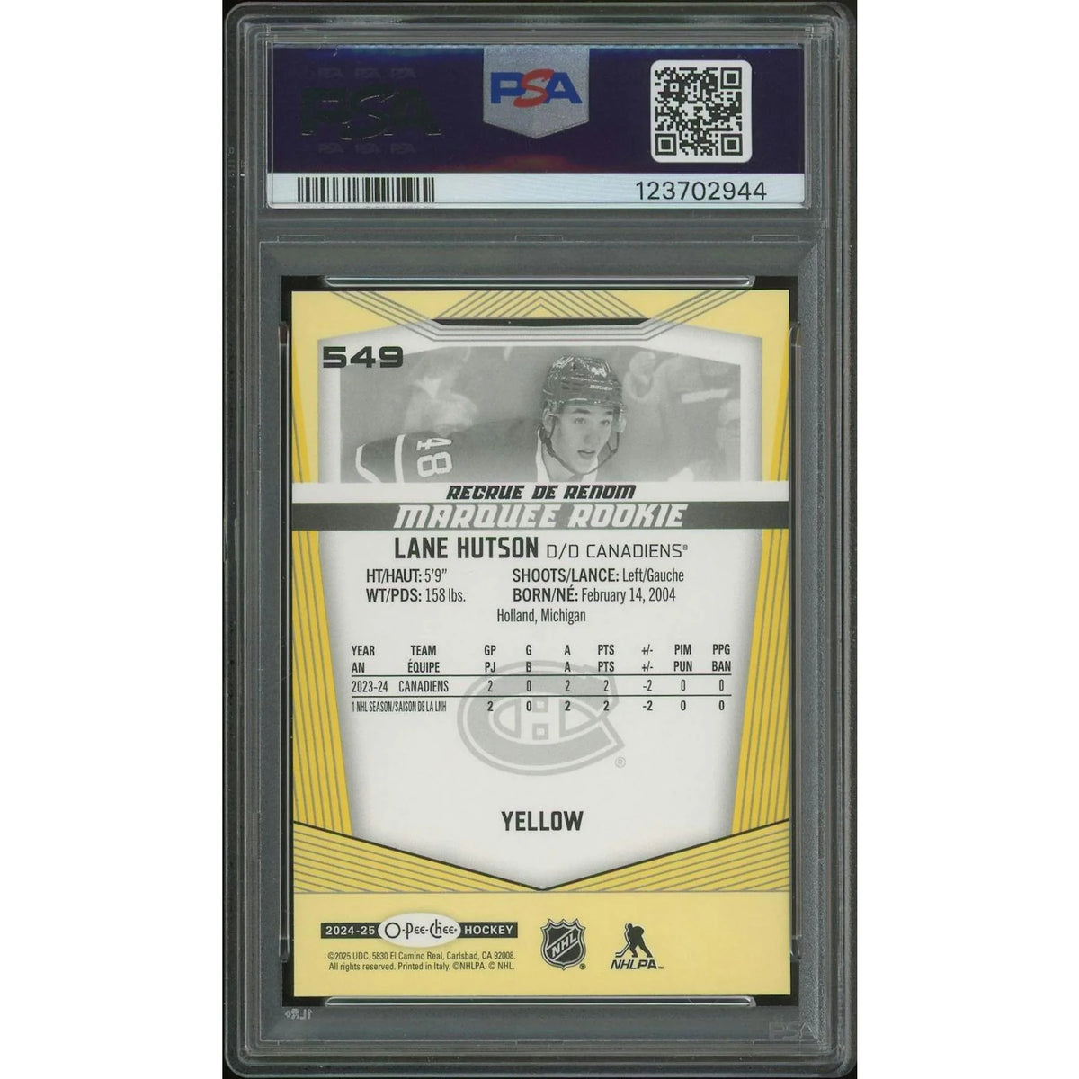 Lane Hutson 2024-25 O-Pee-Chee Rookie Card #549 | PSA 10 Yellow Border | P8473301
