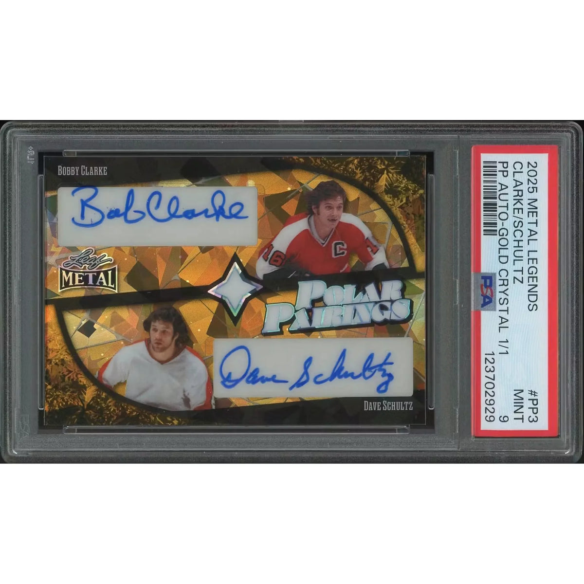 Bobby Clarke & Dave Schultz Signed 2025-26 Leaf Metal Legends #1 Card | PSA 9 | P8473403