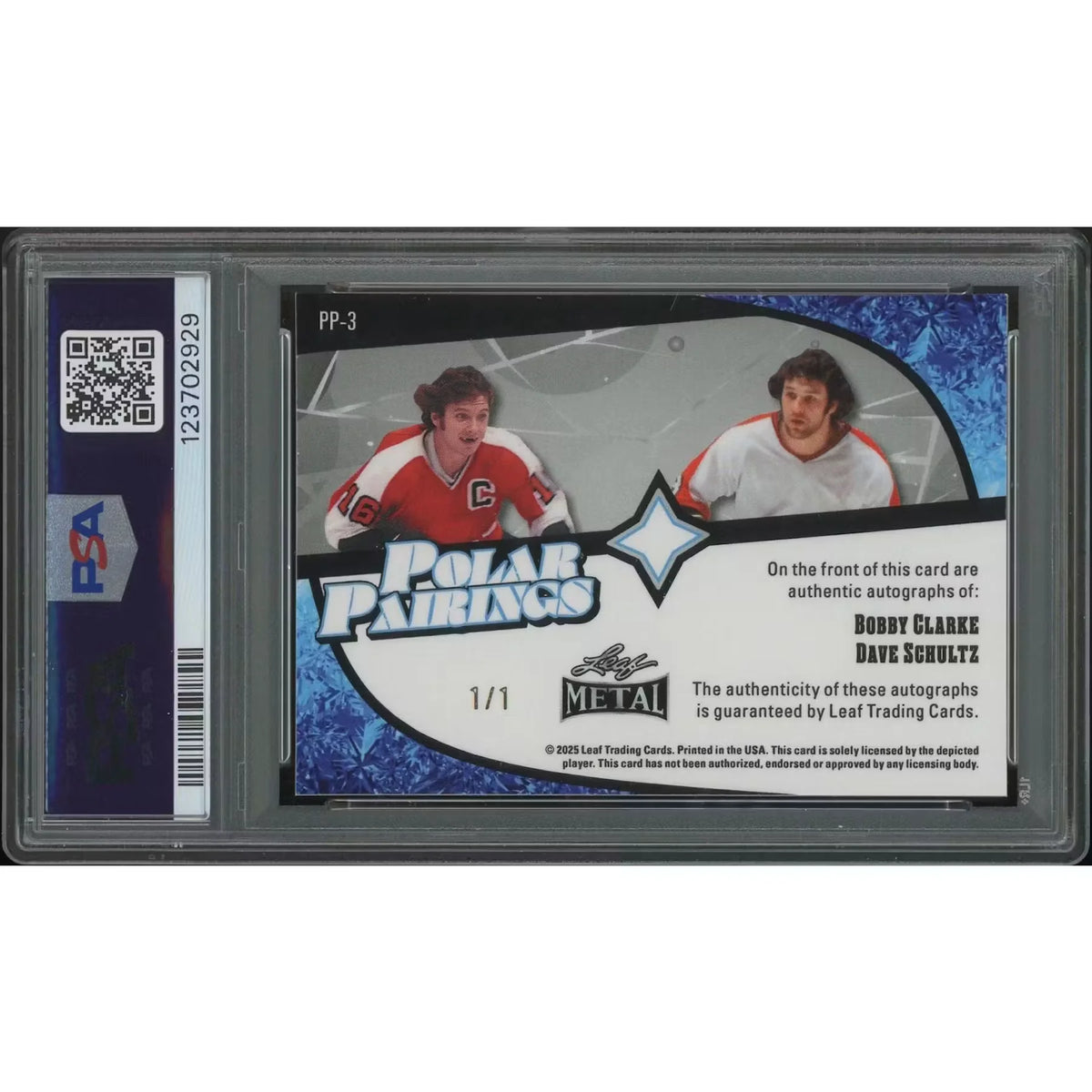 Bobby Clarke & Dave Schultz Signed 2025-26 Leaf Metal Legends #1 Card | PSA 9 | P8473403