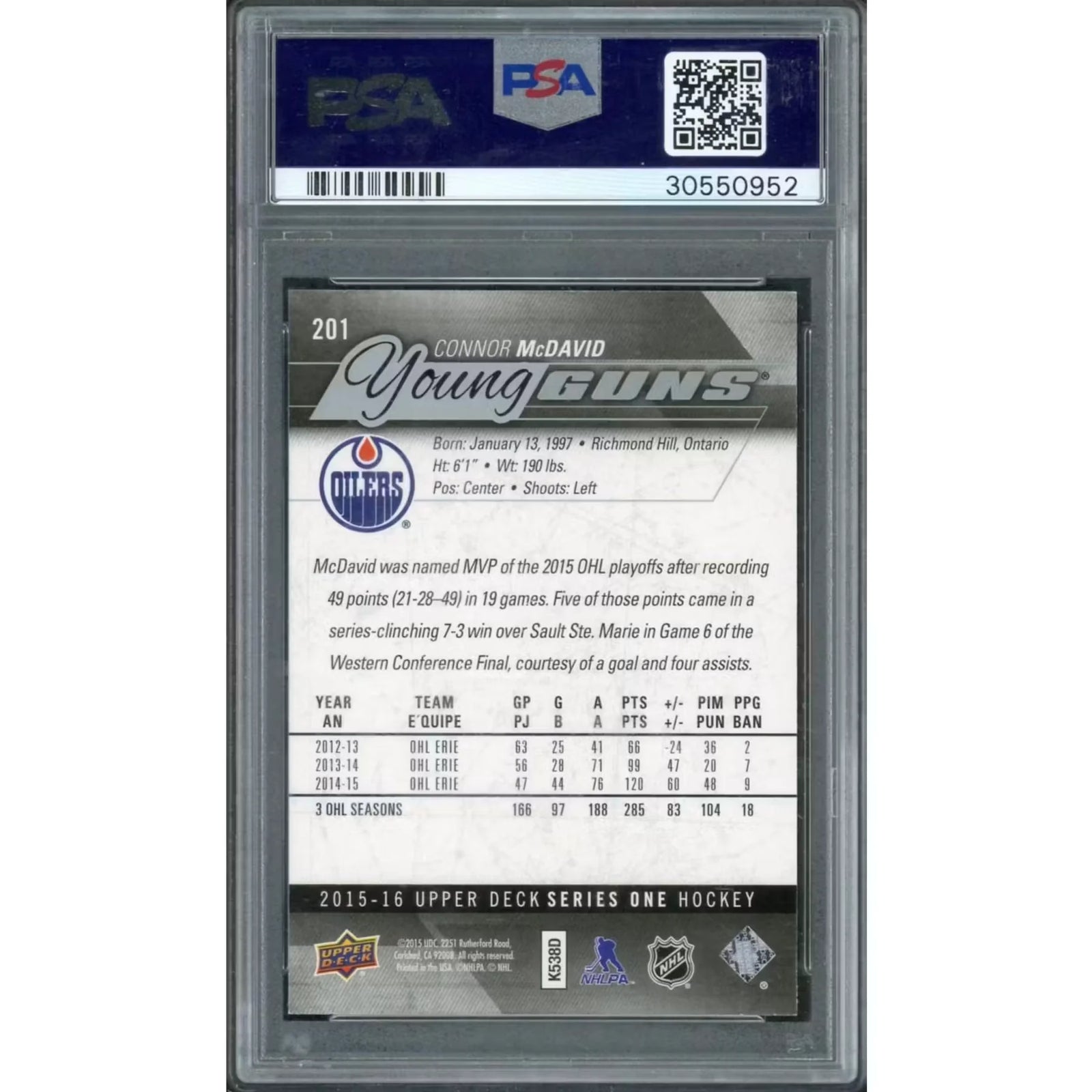 2015-16 Upper Deck Connor McDavid Young Guns #201 Rookie PSA 10 - D2