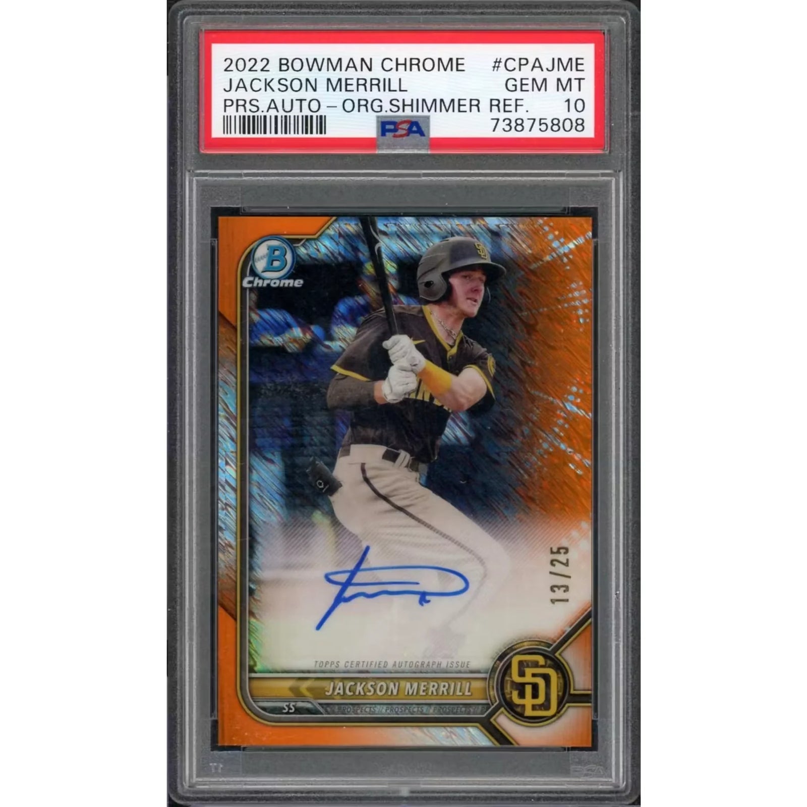 Jackson Merrill Signed 2022 Bowman Chrome Orange Shimmer Card | PSA 10