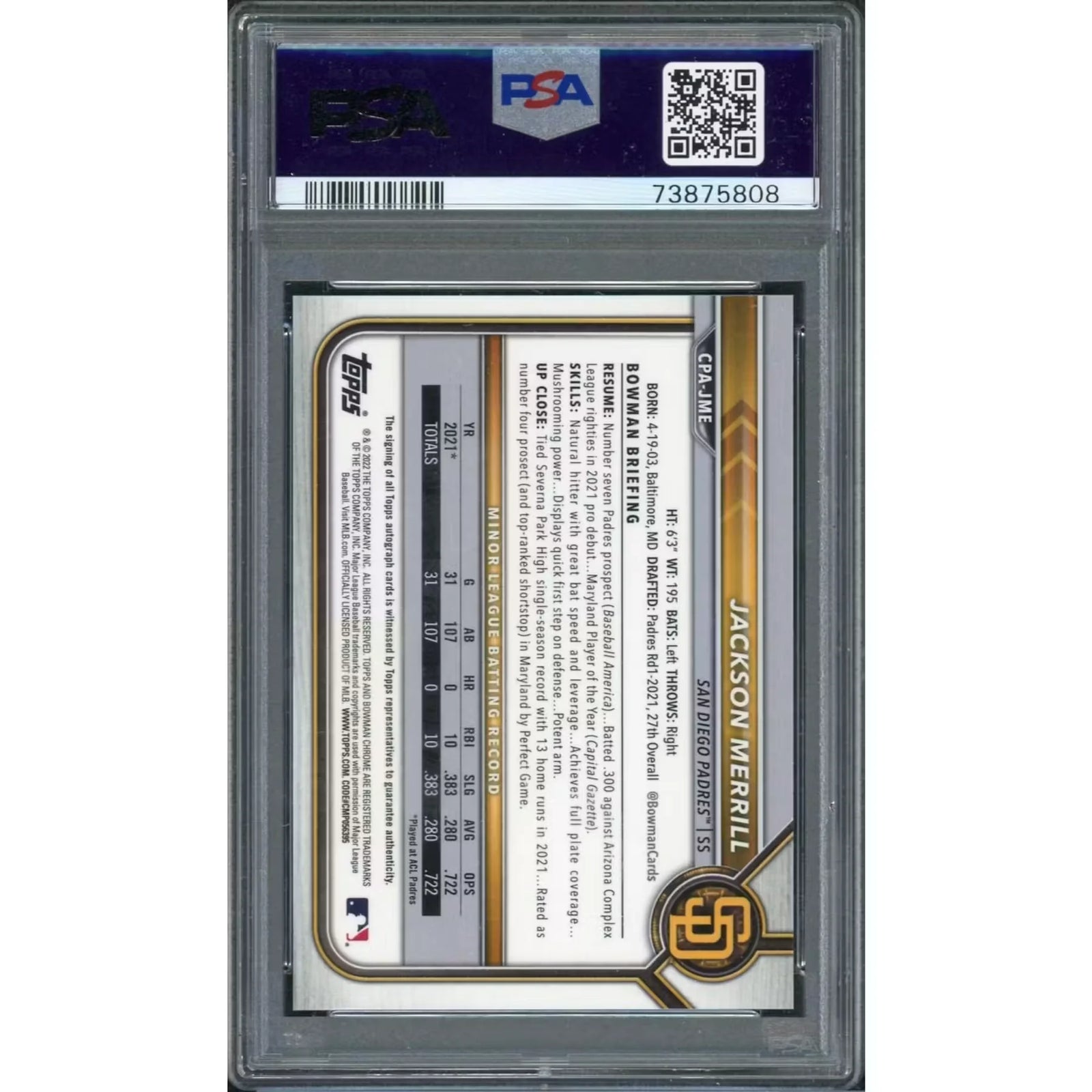 Jackson Merrill Signed 2022 Bowman Chrome Orange Shimmer Card | PSA 10