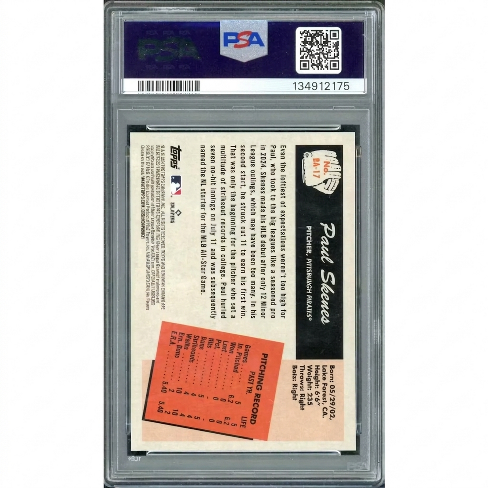 Paul Skenes 2024 Bowman's Best 1955 Bowman Anime Rookie #BA-17 | PSA 10