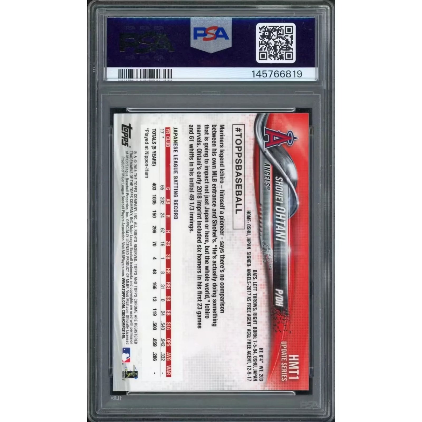Shohei Ohtani Signed 2018 Topps Chrome Update Rookie Card #HMT1 | PSA 10