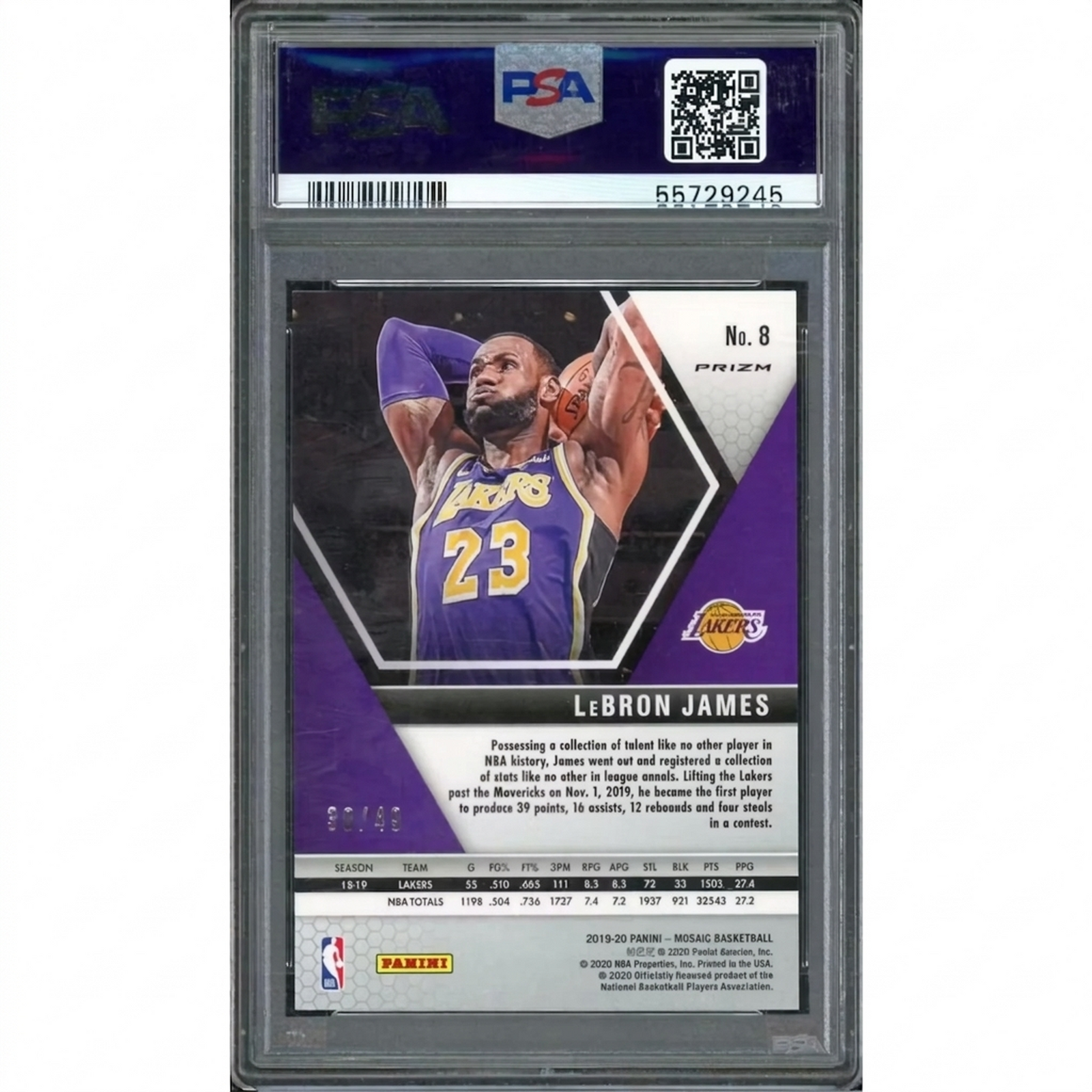 LeBron James 2019 Panini Mosaic Purple Mosaic Card #8 | PSA 10