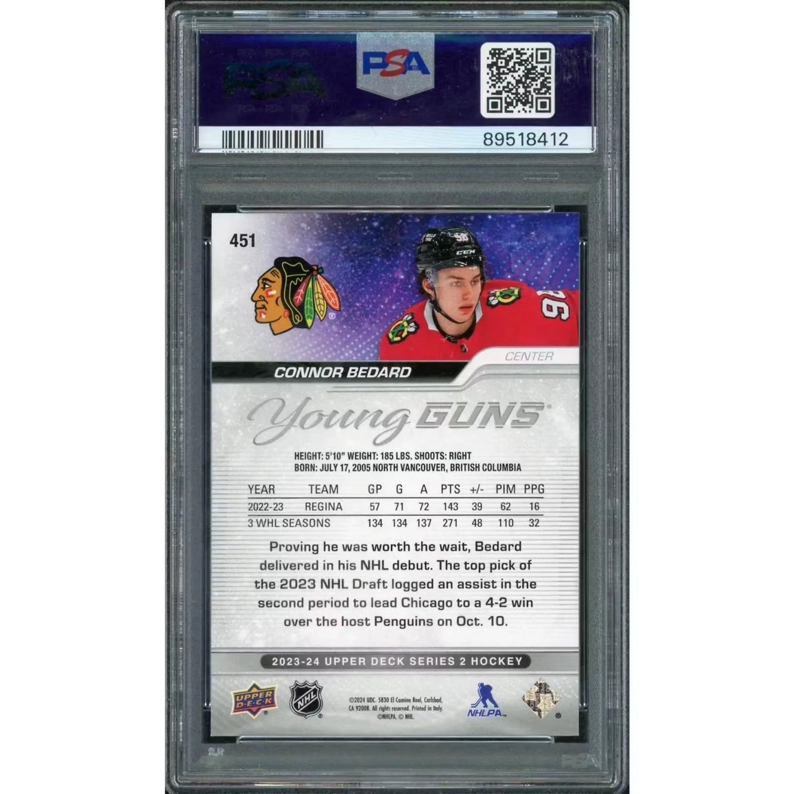 Connor Bedard 2023-24 Upper Deck Young Guns #451 Rookie | PSA 10