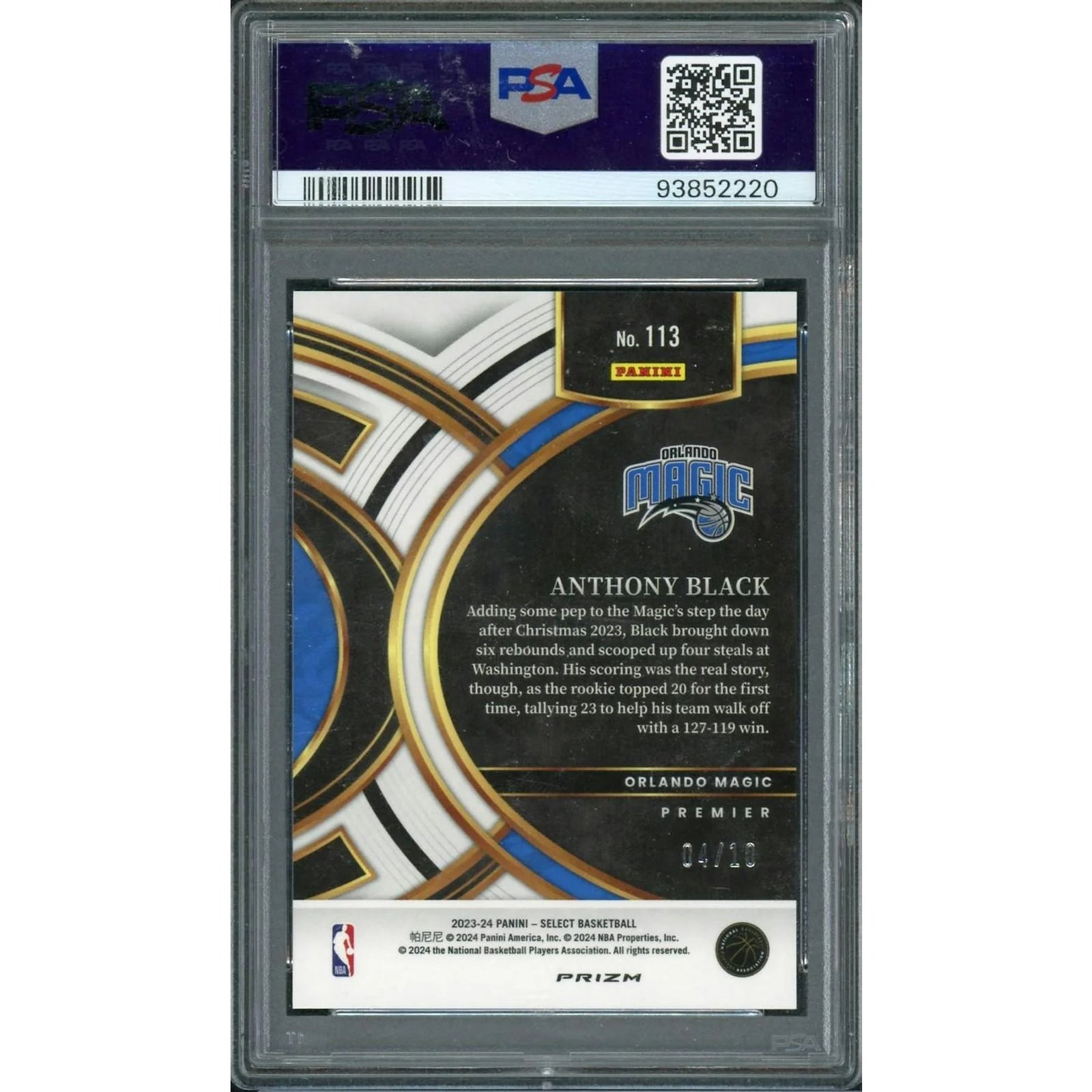 Anthony Black Signed 2023-24 Panini Select #113 | PSA 10 Black Gold Flash