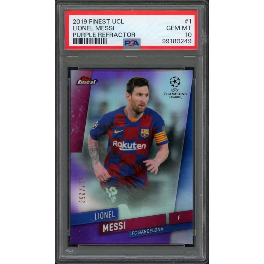 Lionel Messi 2019 Topps Finest UCL Purple Refractor #1 | PSA 10