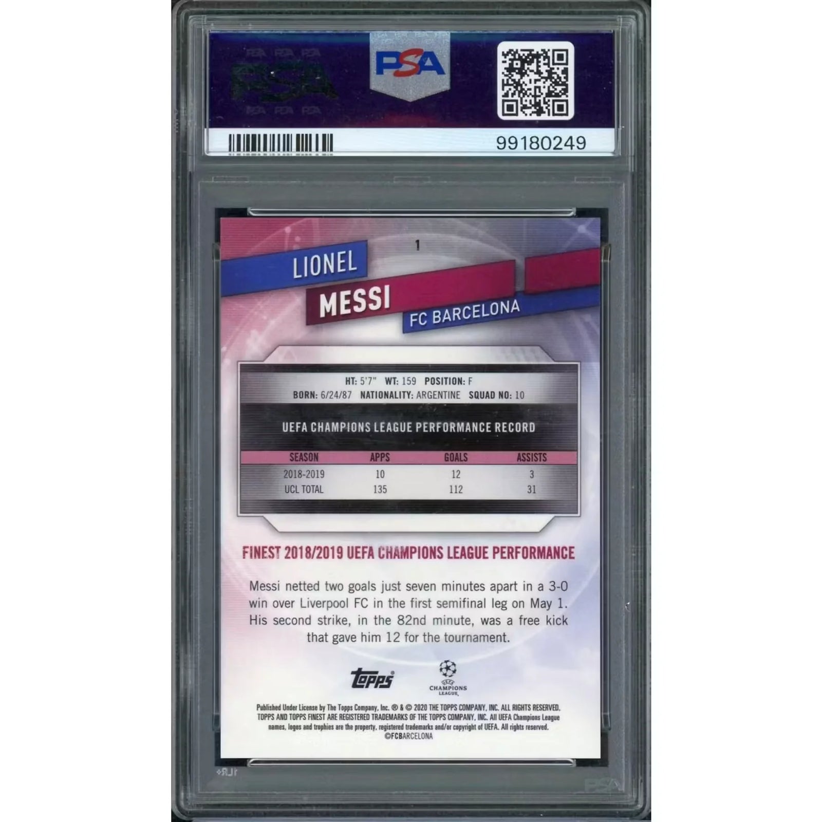 Lionel Messi 2019 Topps Finest UCL Purple Refractor #1 | PSA 10
