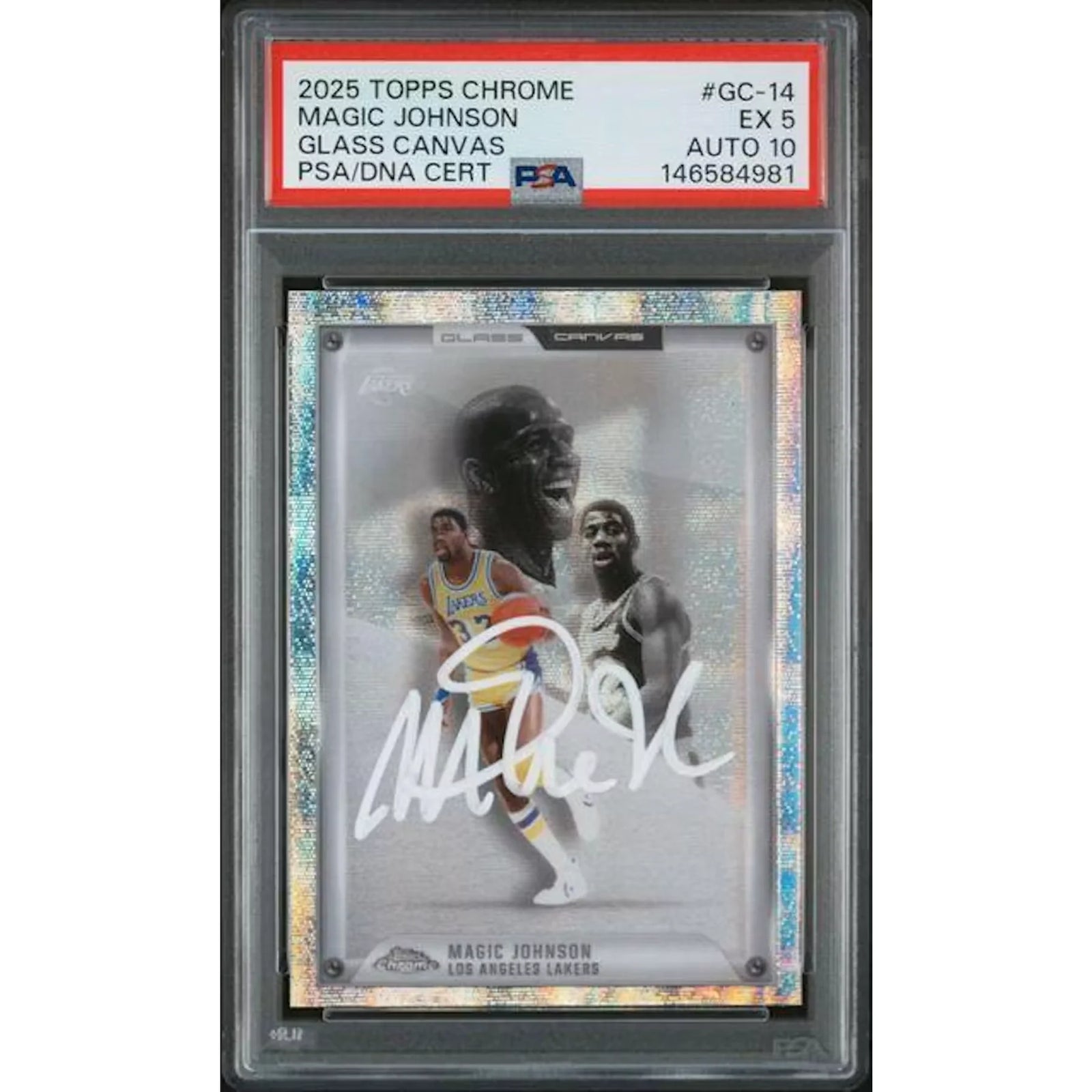 Magic Johnson Signed 2025 Topps Chrome Glass Canvas | PSA 5 Auto 10