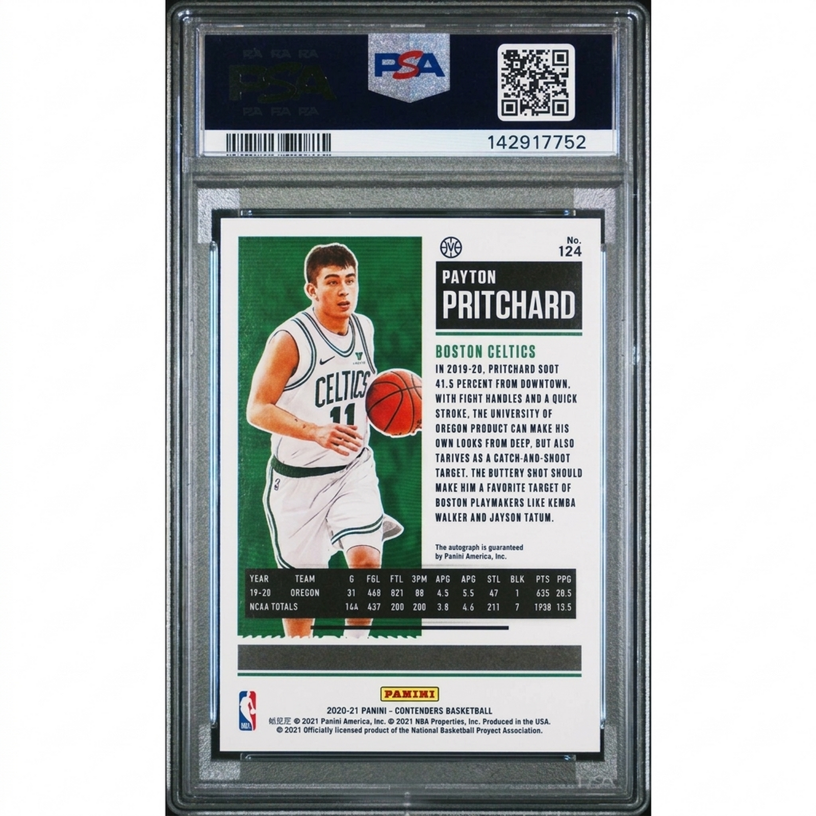 Payton Pritchard Signed 2020-21 Panini Contenders Playoff Auto | PSA 10