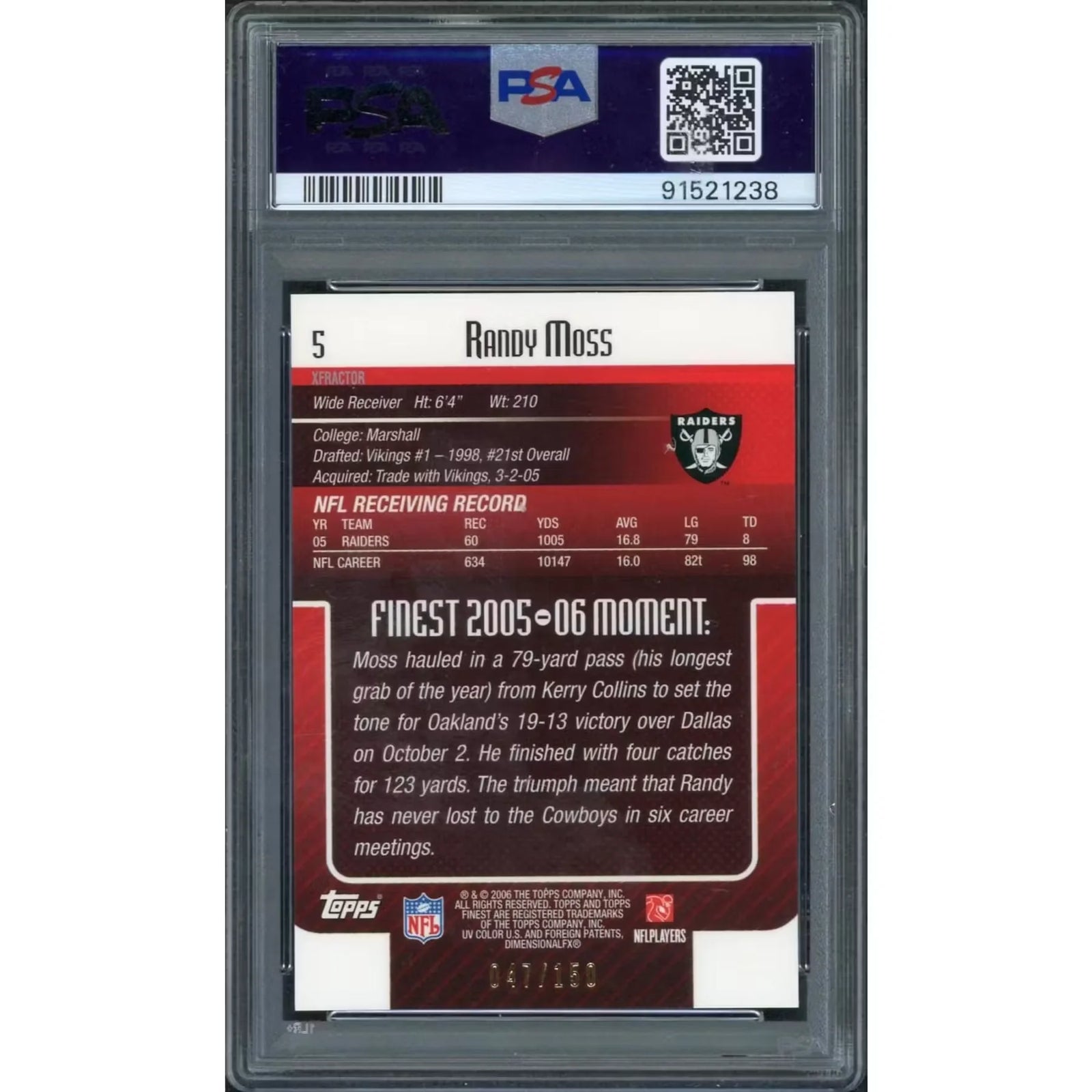 Randy Moss 2006 Topps Finest Blue Xfractor #5 | PSA 10
