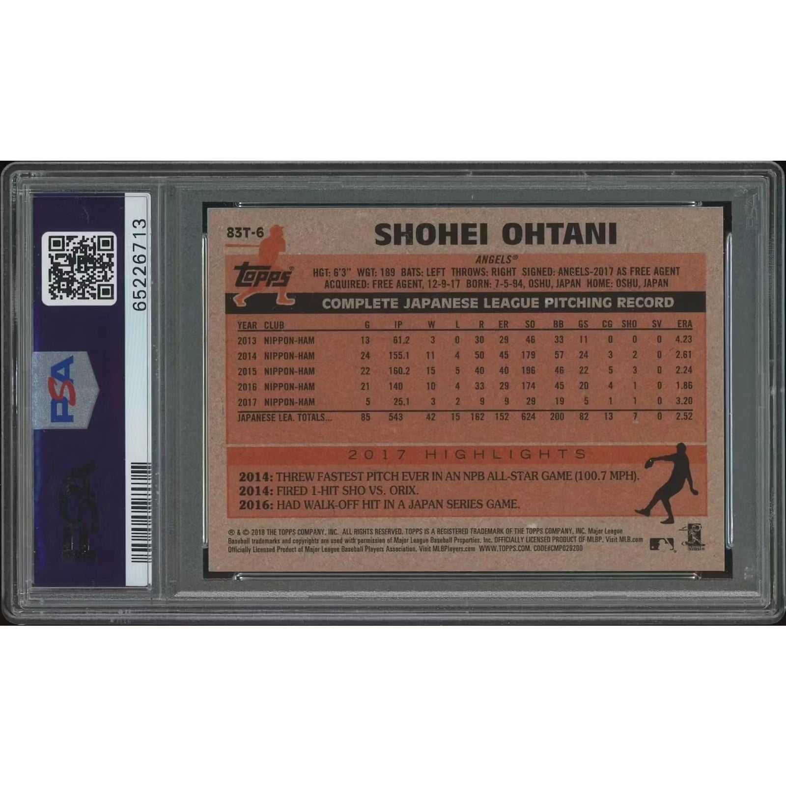 Shohei Ohtani 2018 Topps Chrome #83T6 Rookie Card | PSA 8 NM-MT