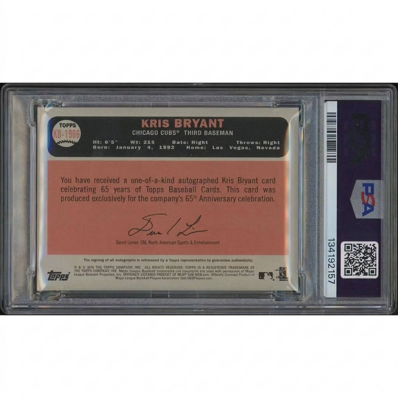 Kris Bryant Signed 2016 Topps Transcendent Card | 1966 65th Anniversary Party Auto #1/1 PS
