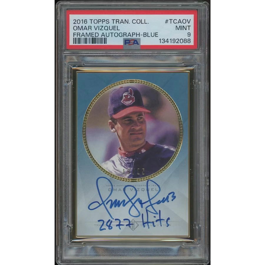 Omar Vizquel 2016 Topps Transcendent Signed Card | 2877 Hits Blue Auto #19/25 PSA 9
