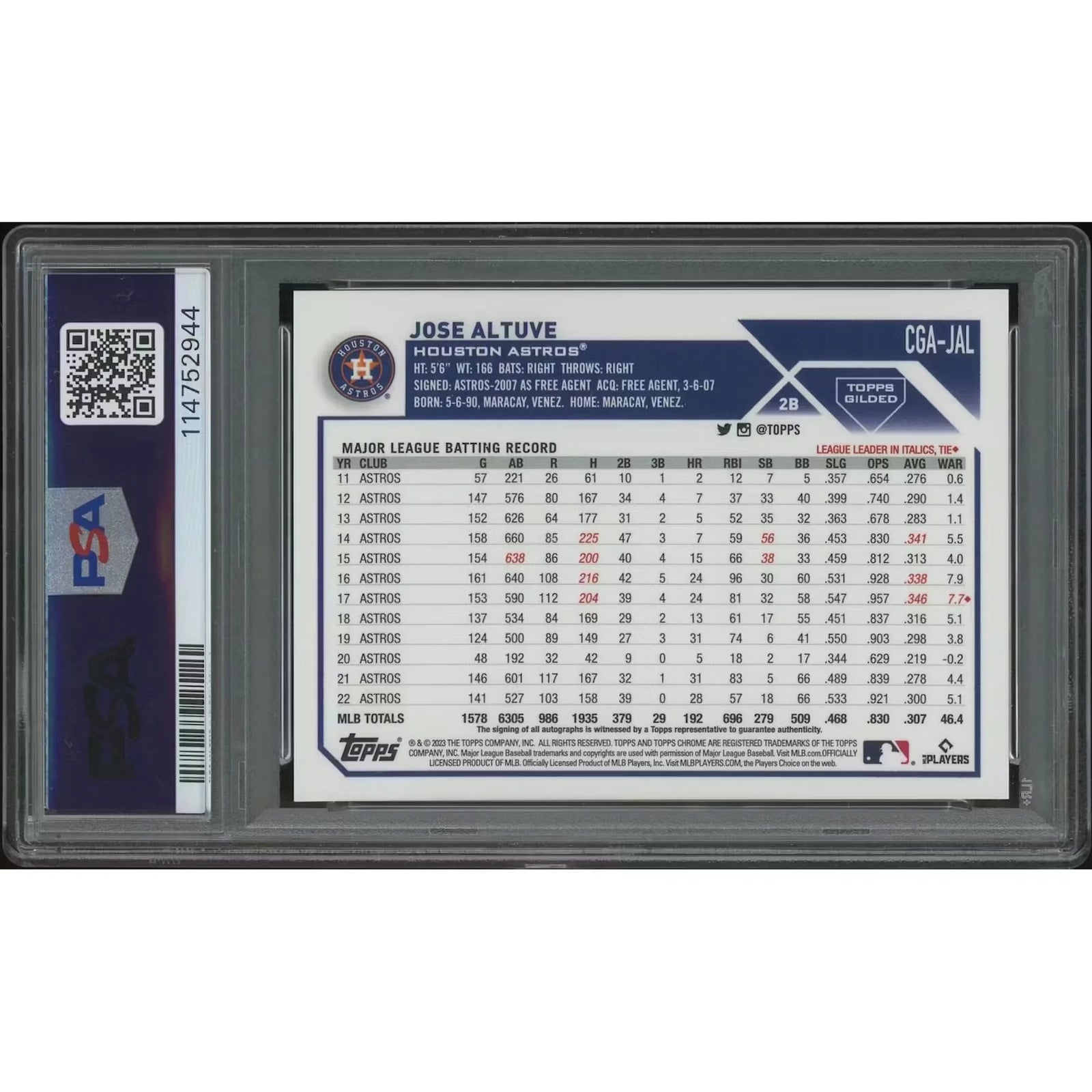 Jose Altuve Signed 2023 Topps Chrome Gilded #39 Card | PSA 10 Gem Mint