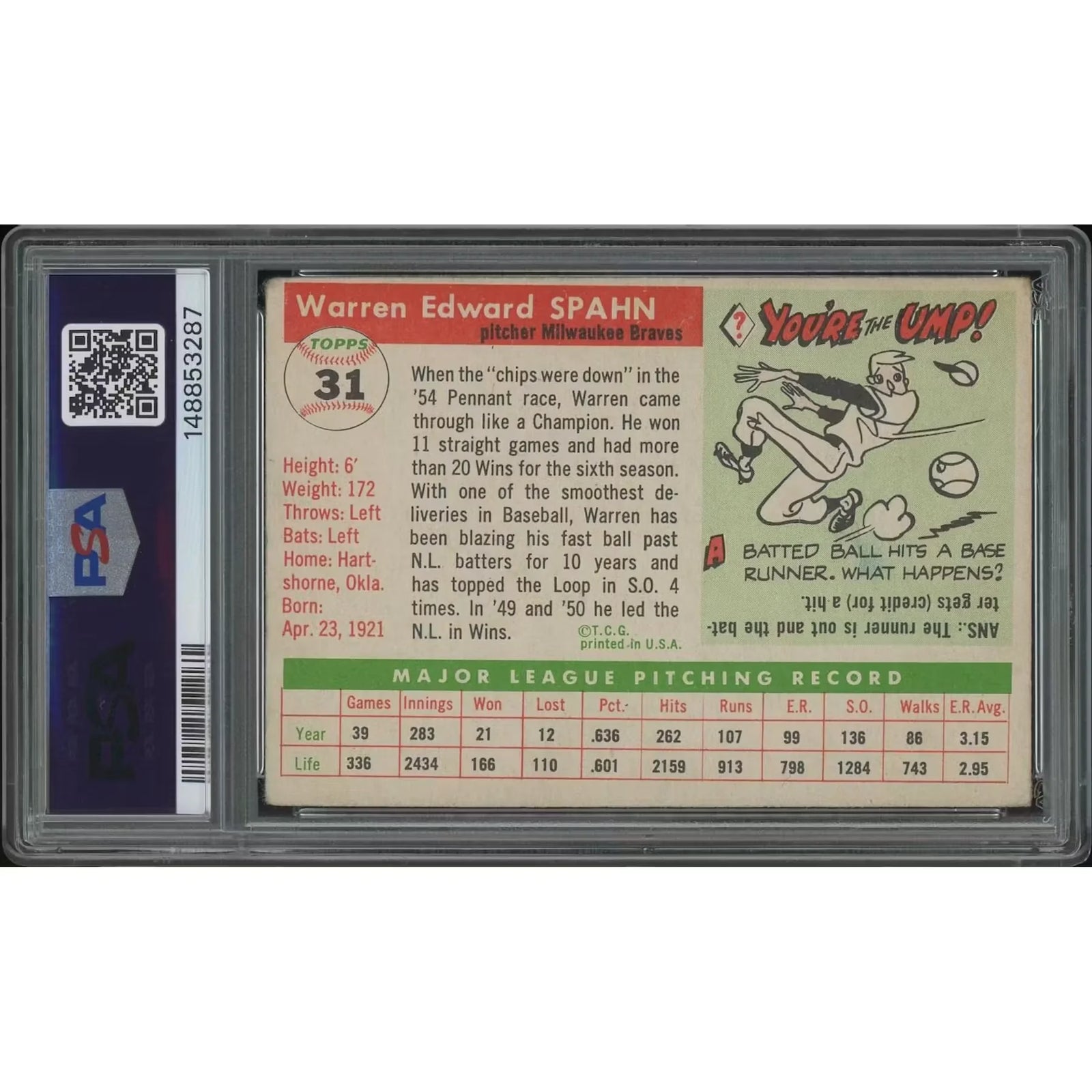 Warren Spahn 1955 Topps Baseball Card #31 | PSA 2 (Good)
