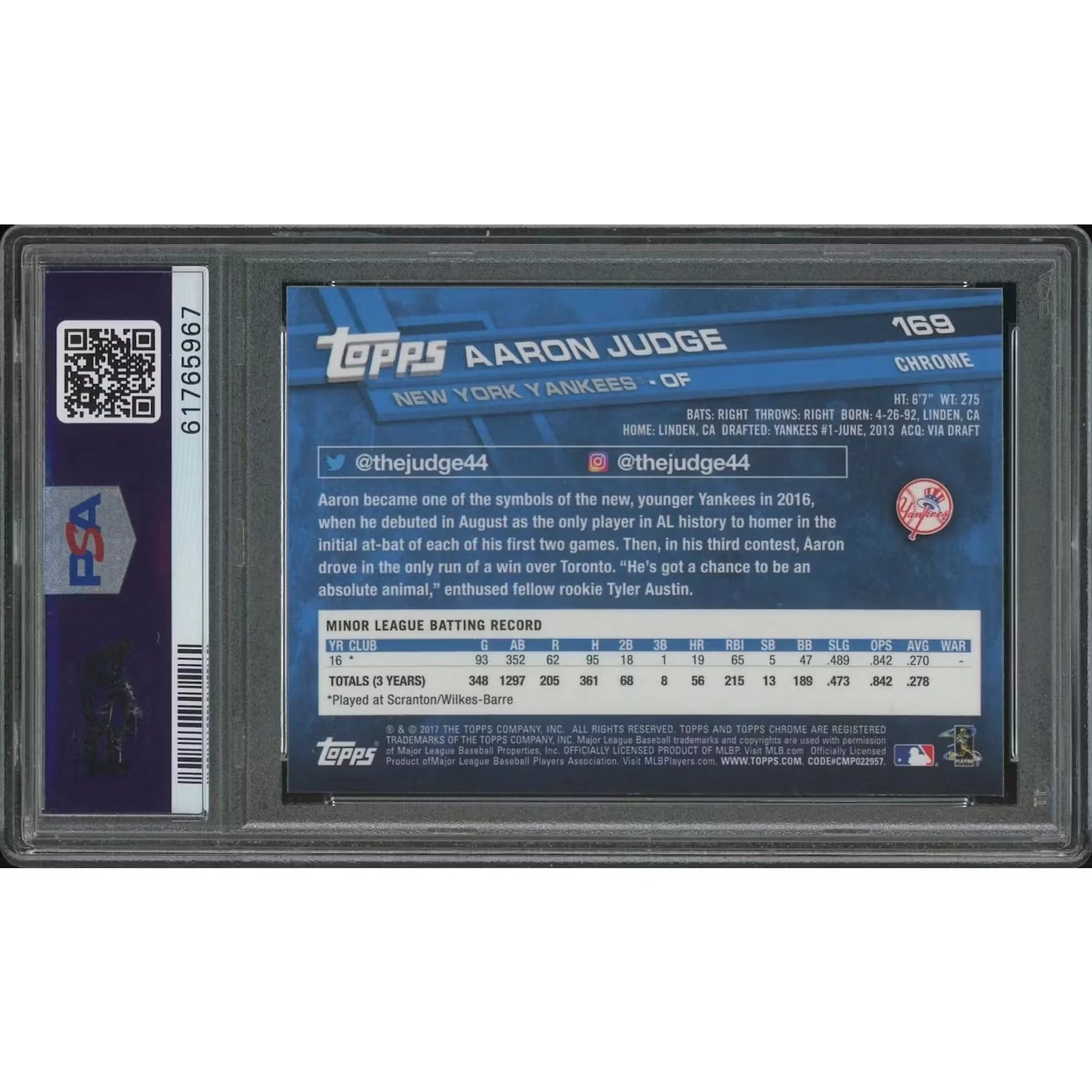 Aaron Judge 2017 Topps Chrome #169 Refractor Rookie | PSA 10 Gem Mint